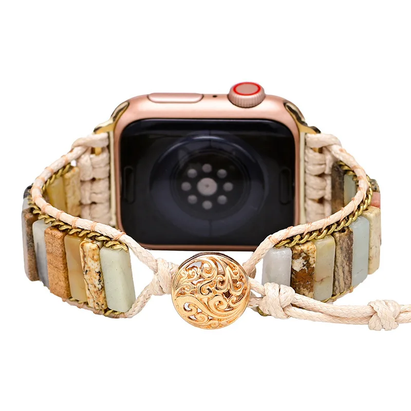 Painted Stone and Amazonite Energy Watch Band for Applewatch Amazon Stone Woven Watch band Boho Bracelet