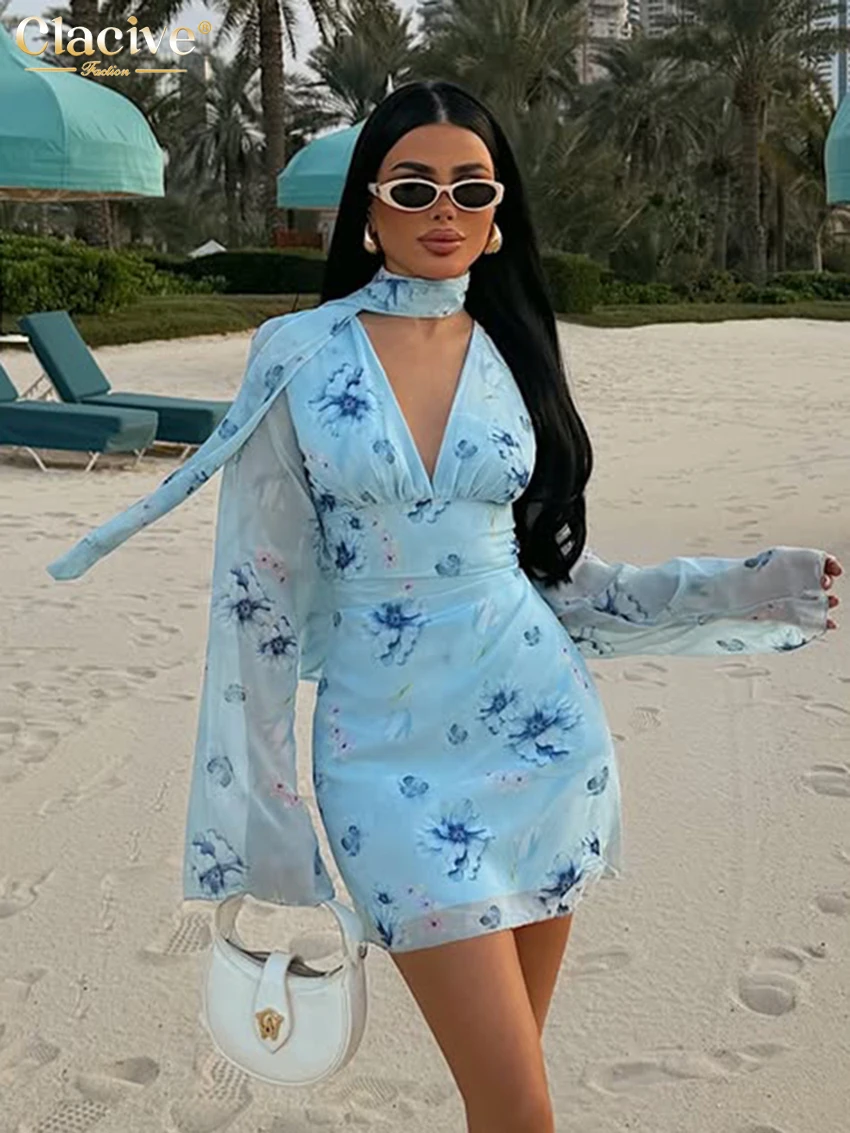 

Clacive Sexy Slim Print Women's Dress 2026 Autumn V-Neck Long Sleeve Mini Dresses Lady Elegant Classic High Waist Female Dress