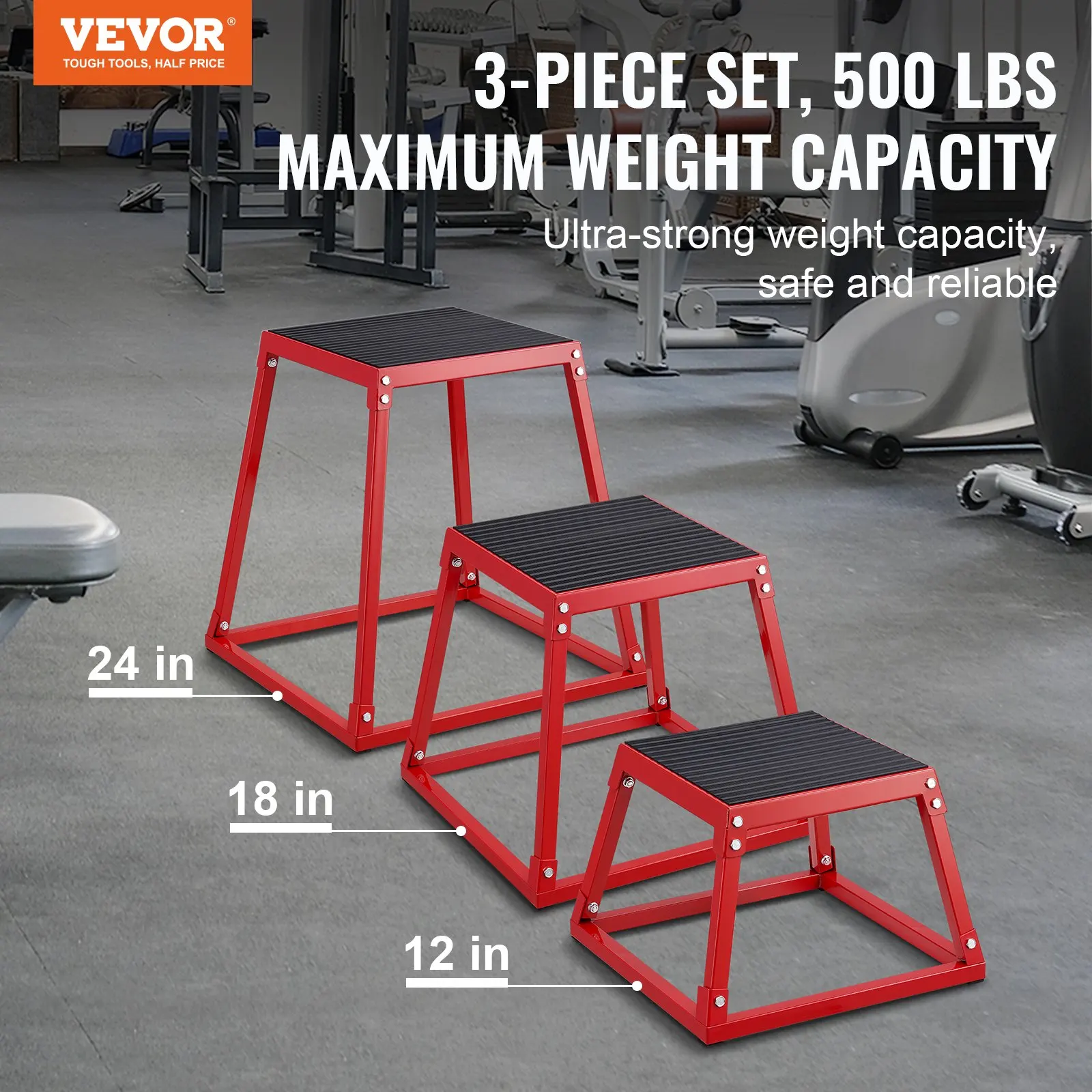 Ensemble de 3 plateformes de saut pliométriques portables rouges, empilables, 305 / 458 / 609 mm, kit de plateformes antidérapantes pour entraînement cardio et saut explosif à domicile