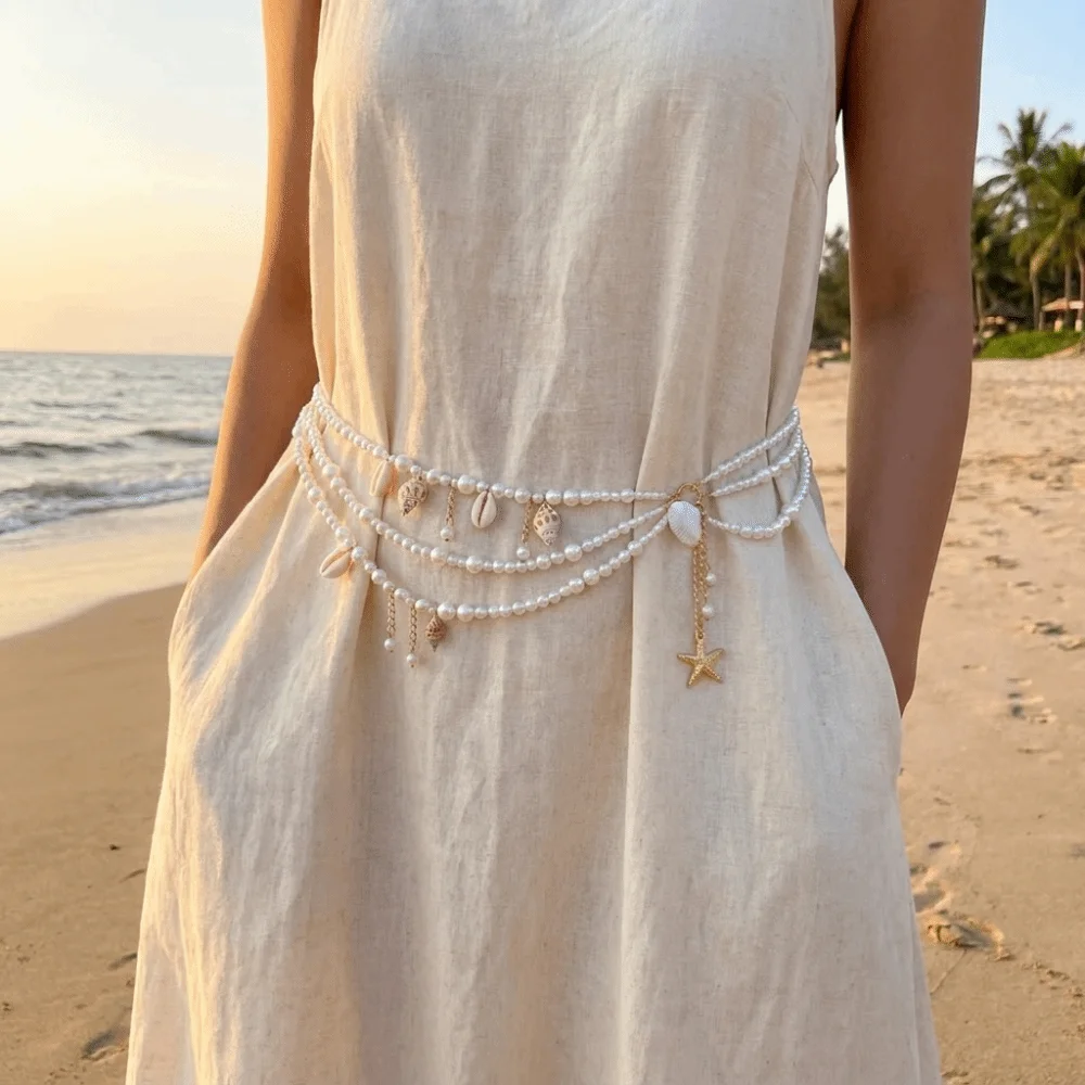 Multilayer Pearl Waist Chain Starfish Shell Pendant Stylish Body Chain Belt All-match Vintage Waist Accessories Beach Vacation