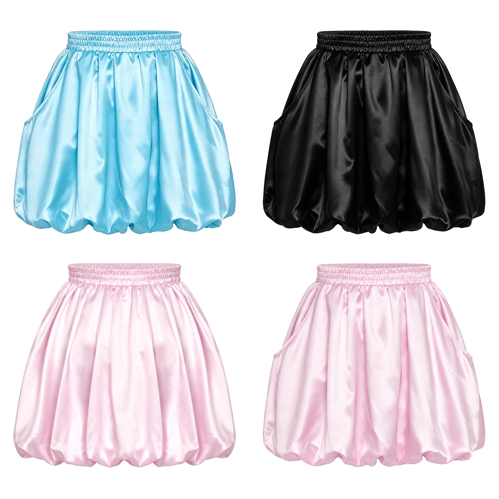 Women Elastic Waistband Elegant Satin Mini Bubble Skirt with Pockets Casual Daily Life Club Rave Party Music Festival Clothes