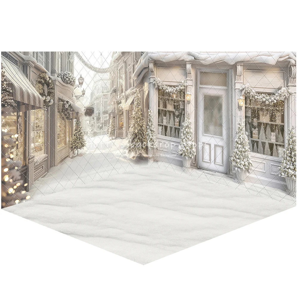 Frosted Holiday Boutique Backdrops Kids Family Photocall Child Adult Xmas Photo Snowy Forest Streets Store Front Backgrounds