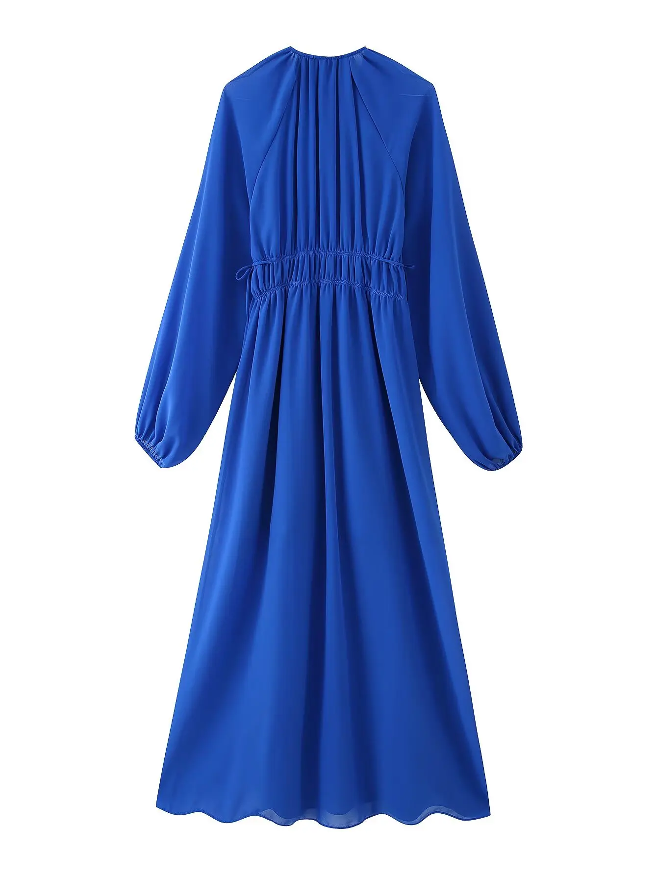 우아한 브이넥 긴 소매 롱 드레스 여성용 탄력 있는 허리 벨트 순색 하이웨이스트 랜턴 소매 봄 여름 가을