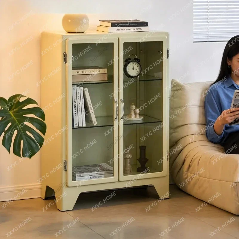 HH Retro glass display cabinet, living room household metal bucket cabinet, storage cabinet against the wall  FT