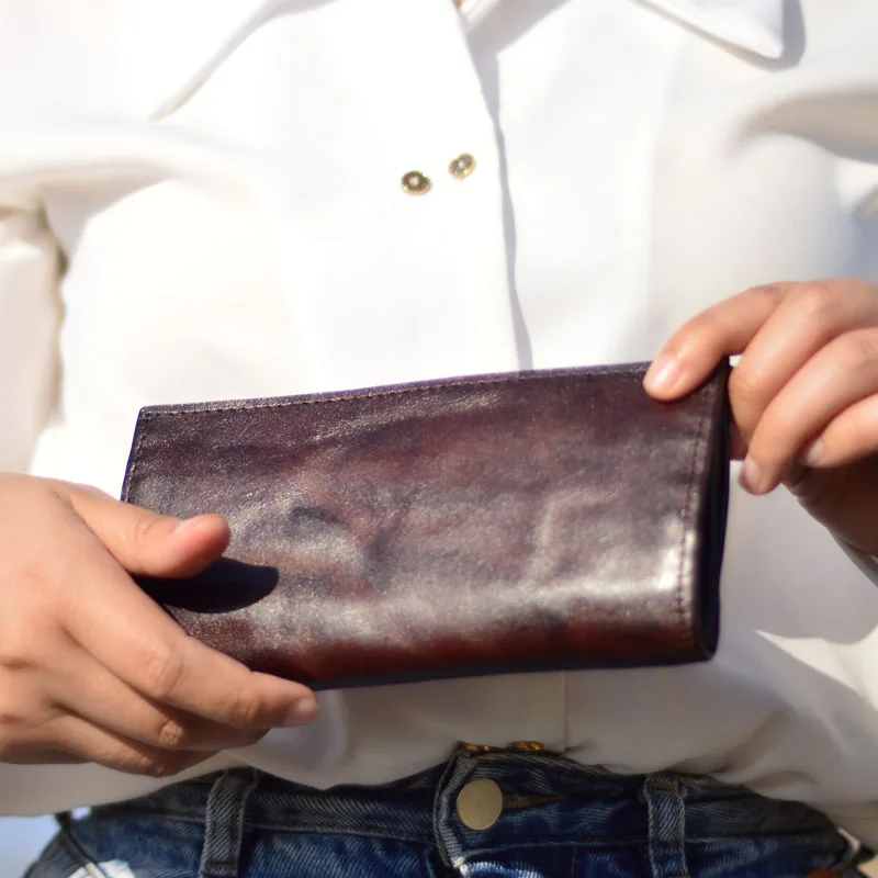 AETOO Ultra-thin women's long wallet, genuine leather original retro wallet, personalized trendy layer cowhide simple youth wall