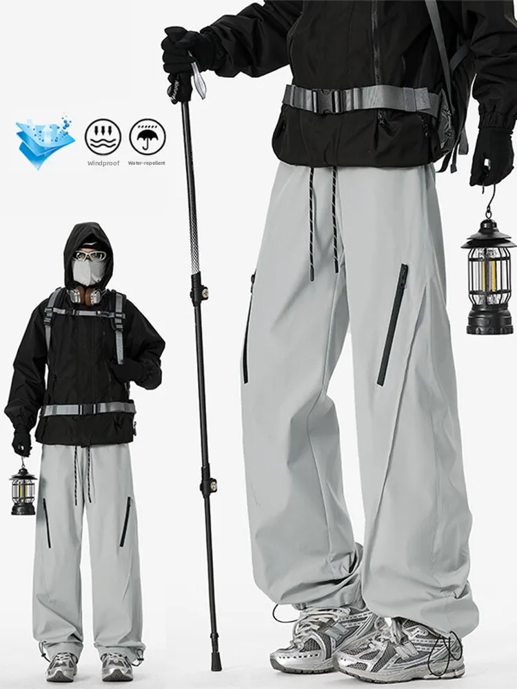 

Men's Spring Autumn Soft ell Windproof Waterproof Cargo Pants Zipper Design Paratrooper Straight Leg Workwear Casual Trousers