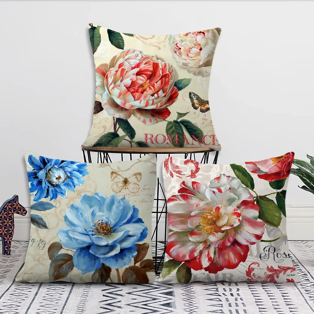 Flower Soft Pillow Case Exquisite for Sofa Living Room Retro Home Office Decor Protective Covers Style Without ART Pillow-Insert