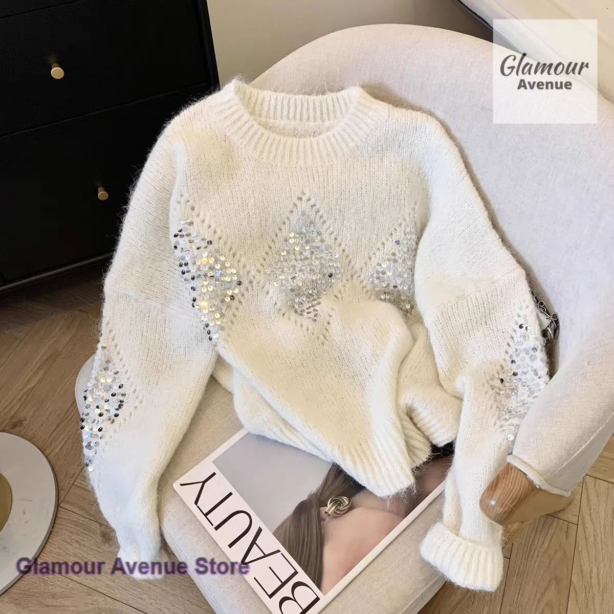 Korean alpaca hair retro heavy sequins high sense round neck pullover women's autumn and winter new lazy wind fashion top.