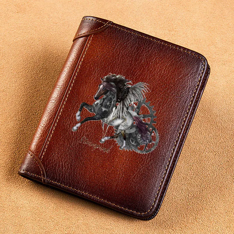 

High Quality Genuine Leather Men Wallets Vintage Steampunk Horse Symbol Short Card Holder Purse Trifold Men's Wallet BK3852