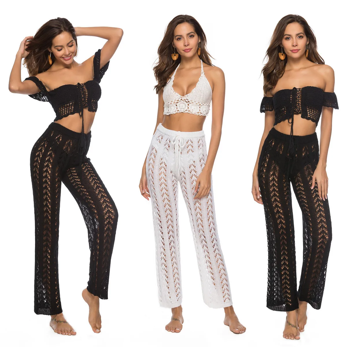 Black White Knitted Wide-legged Women Y2k Beach Hollow Out Baggy Pants See-through Straight Pants Sexy Festive Vacation Trouser