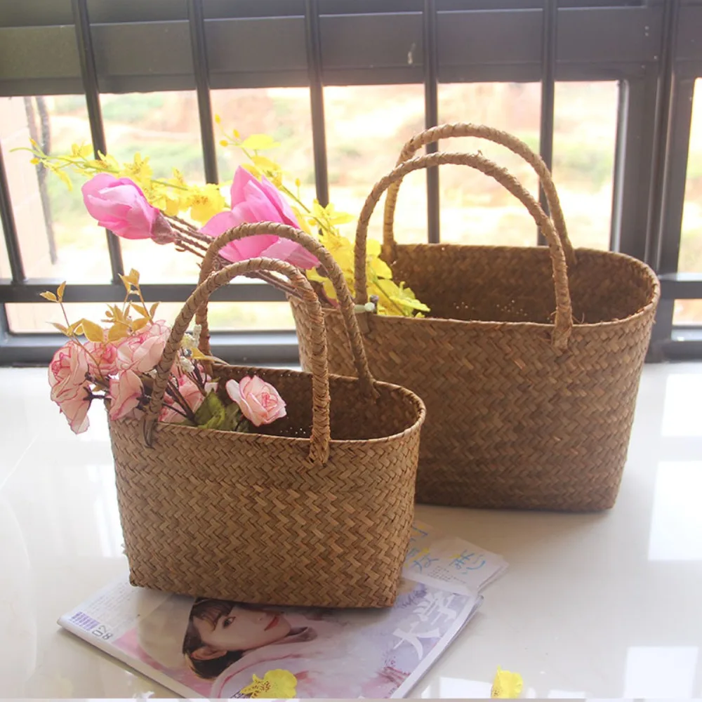 Flower Basket Crafts Seaweeds Woven Basket Bag Laundry Basket Large Capacity Handbag Plant Pot Cover Durable Storage Basket