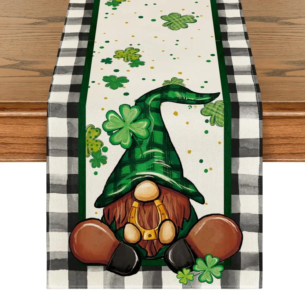 

Buffalo Plaid Shamrock Gnome St.Patrick's Day Table Runner Spring Holiday Kitchen Dining Table Decoration For Home Party Decor