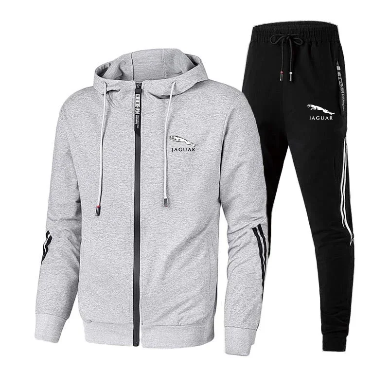 Men Jaguar Car Logo Print 2 Piece Sets Sportswear Zip Hooded Sweatshirt+Pants Gym Running Men Clothing 2024 New Tracksuit Sets