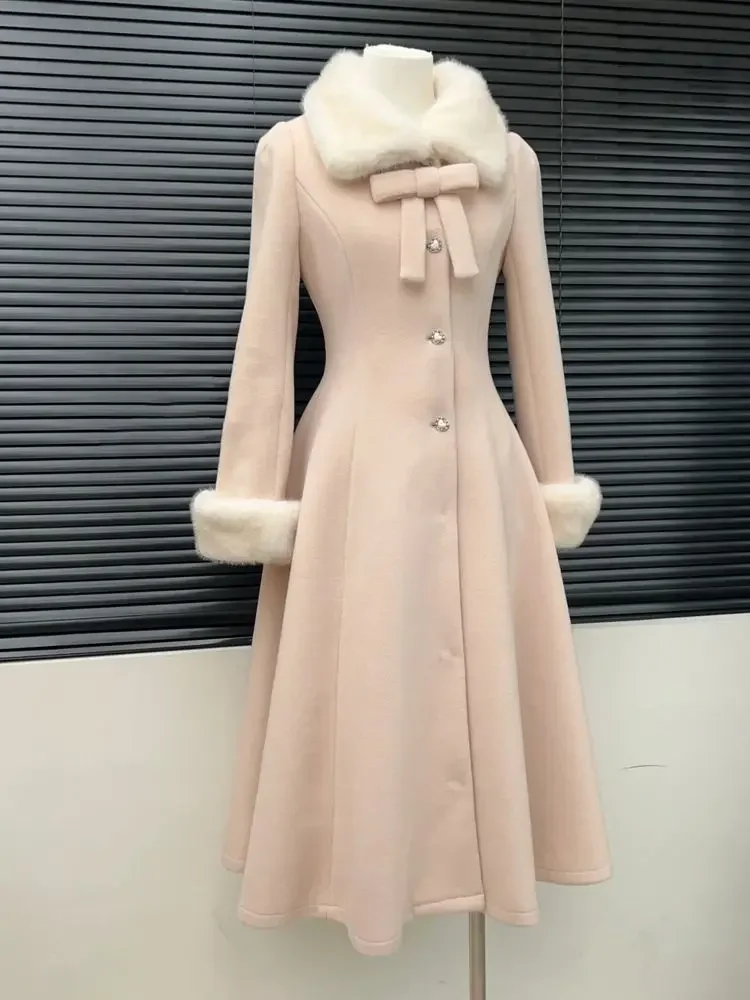 Winter Women's Woolen Coat Mid-length Slim Waist Japanese Kawaii Jackets Wool & Blends Vintage Subcultural Sweet Pink Outfits
