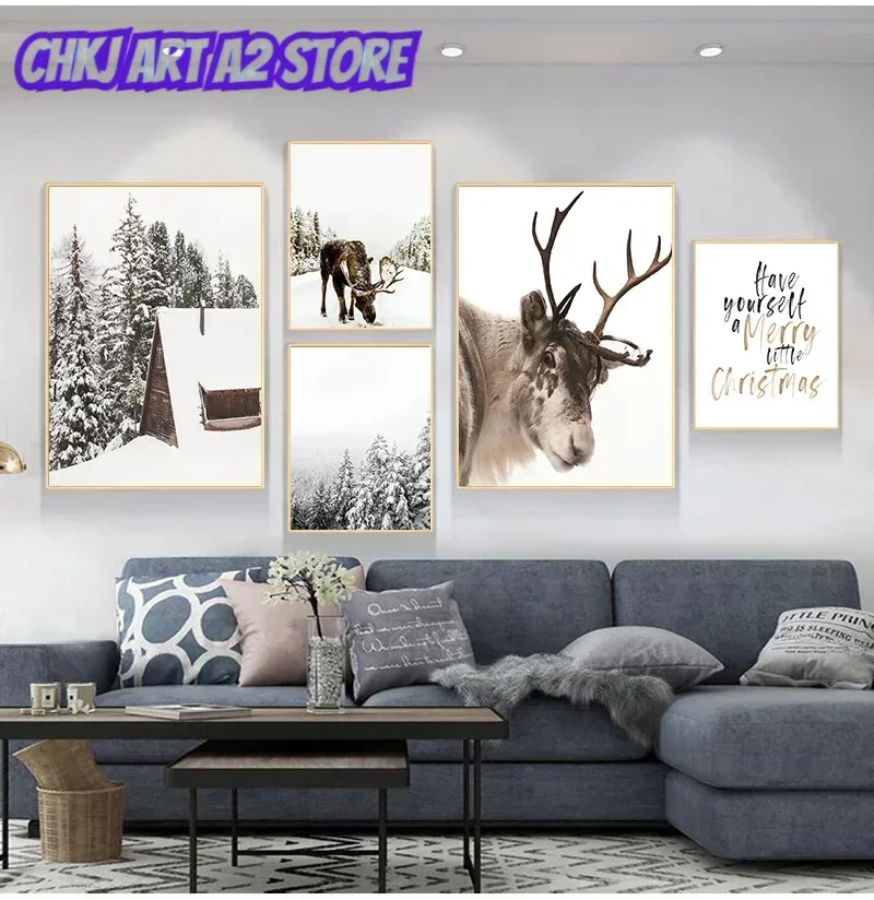 Wall Art Canvas Painting Christmas Home Decor Poster Winter Moose Pinecone Picture Scandinavian Living Room Decoration