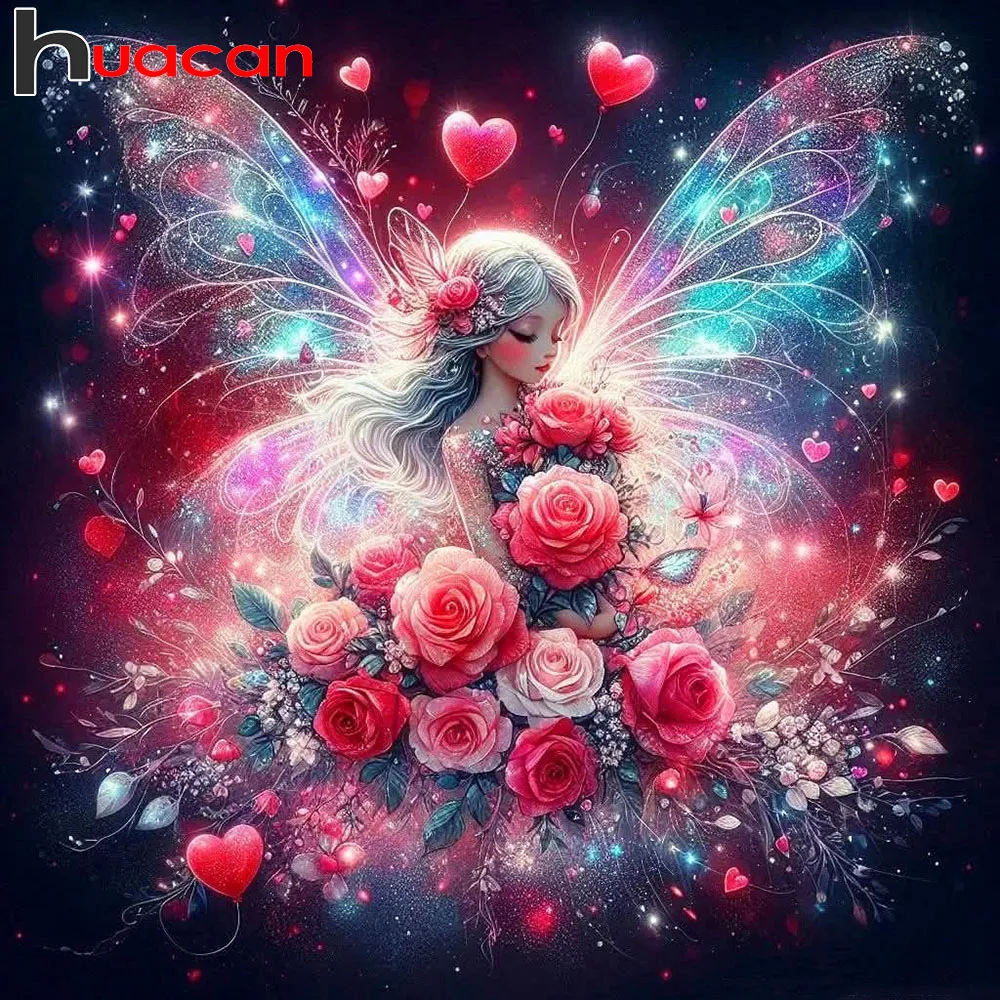 Huacan Diamond Painting Rose Butterly Fairy Diamond Embroidery Portrait Complete Kit Rhinestone Pictures