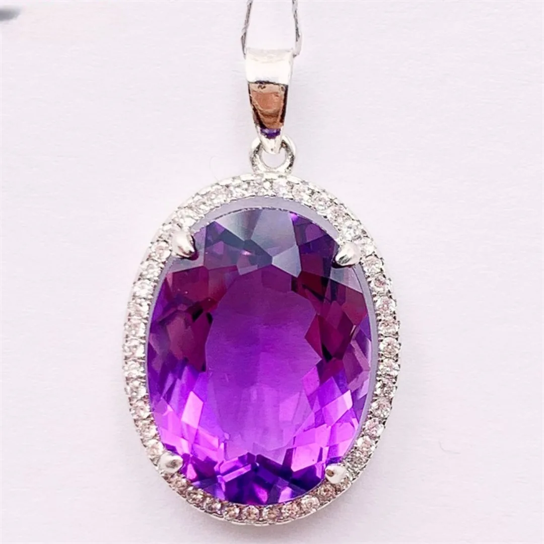 Natural Oval Amethyst Pendant Large Grain Gem Women's Necklace Pendant S925 Sterling Silver Inlaid with Japan and South Korea