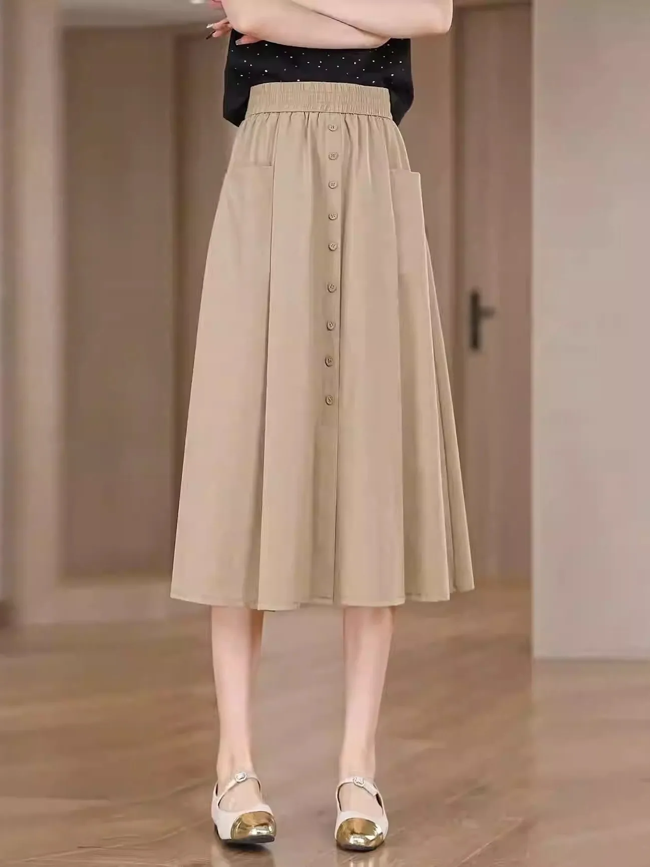 Summer Thin Ice Silk Loose Slim Casual Half Skirt Women's Korean Version Button Pocket A-Line Large Size Umbrella Skirt for p...