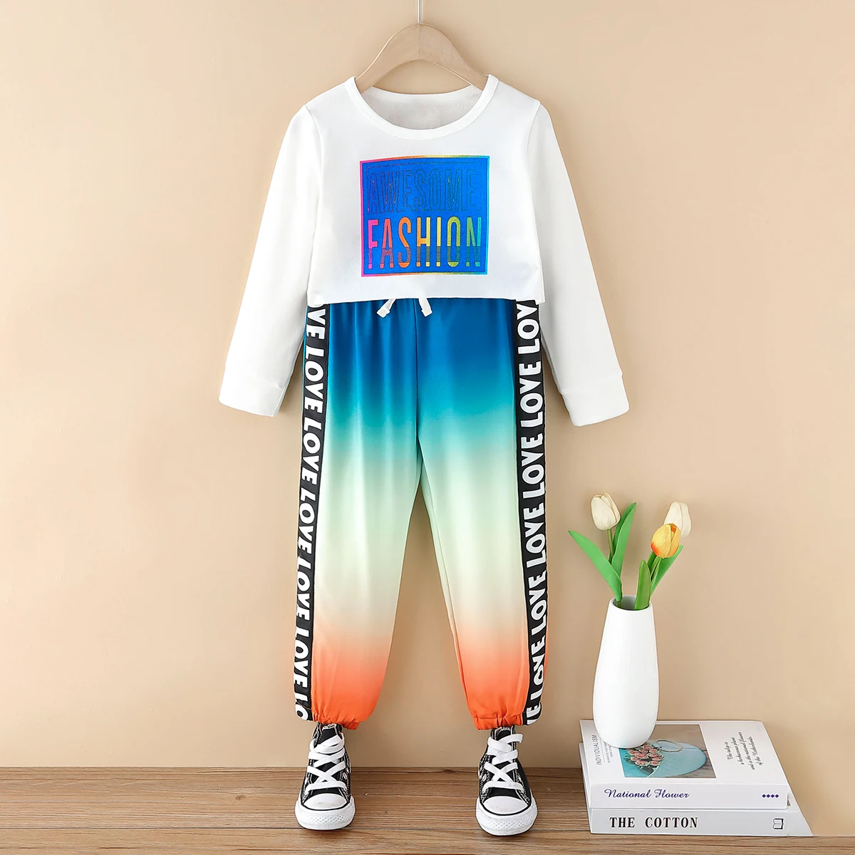 Girls  And Boys  Set Letter Top Long Sleeve Belt Waistband Letter Gradual Color Pants Fashion New Travel Home