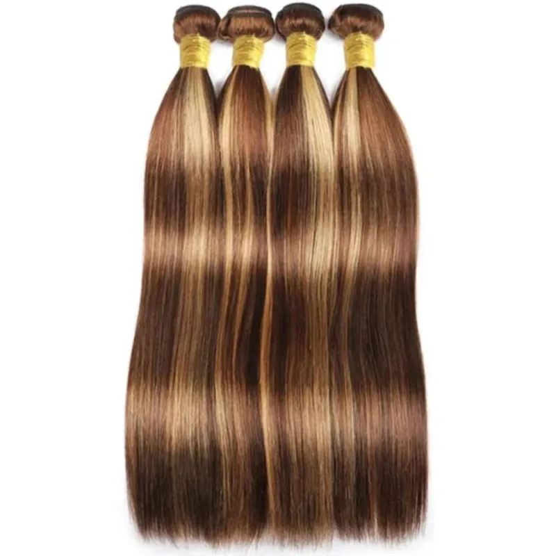 Pacotes de cabelo humano reto com fechamento, laço frontal, cor loira de mel, 100% cabelo humano real, # P4, 27, 13x4