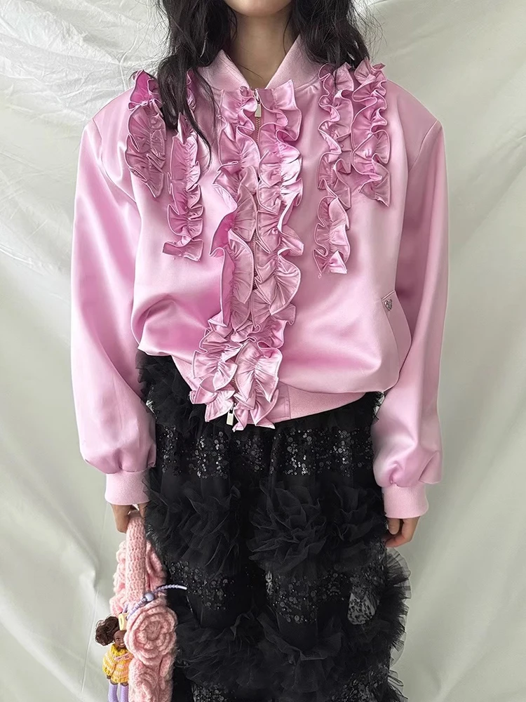 

Chic Autumn New Sweet Anti-Aging Stand Collar Splicing Lace Trim Glittering Long Sve Jaet Coat for Women Commute Sle