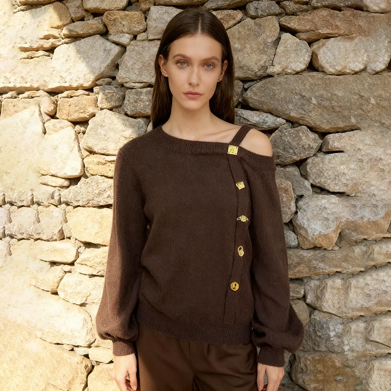 Suéter elegante asimétrico con hombros descubiertos para mujer, prendas de punto de moda de estilo perezoso para clima frío, Otoño e Invierno