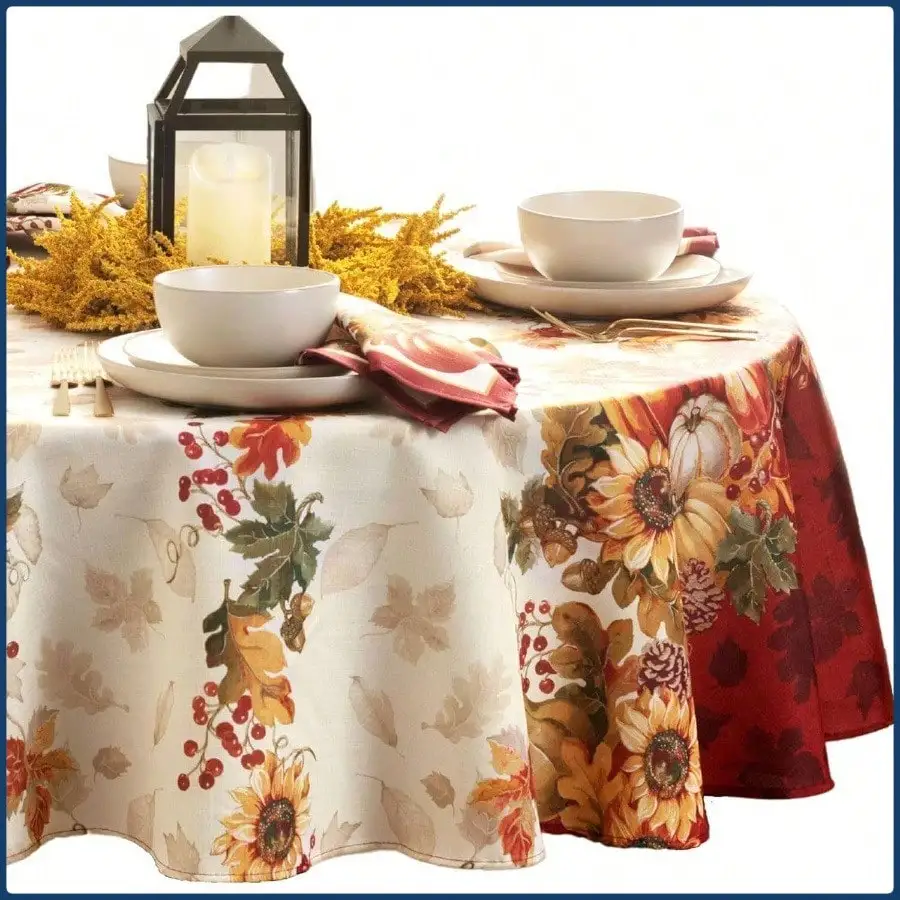 

Home Fashions Swaying Leaves Bordered Fall, Seasonal and Holiday Tablecloth, 70 Round, Multi