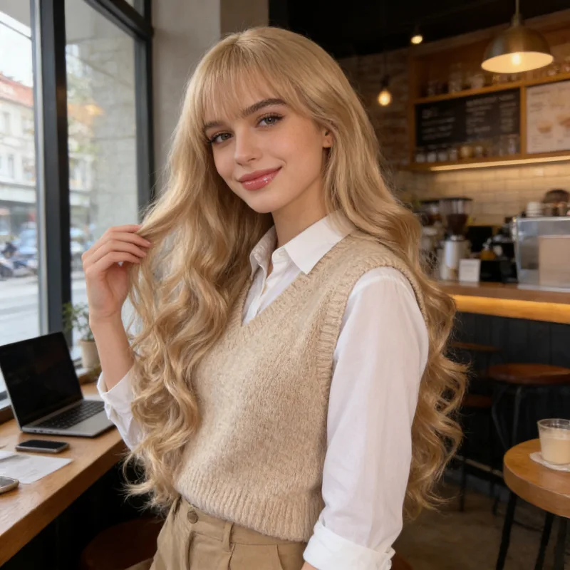 Perruque synthétique longue et bouclée avec frange complète pour femme, personnalisée, tendance, pour fêtes en extérieur, effet naturel