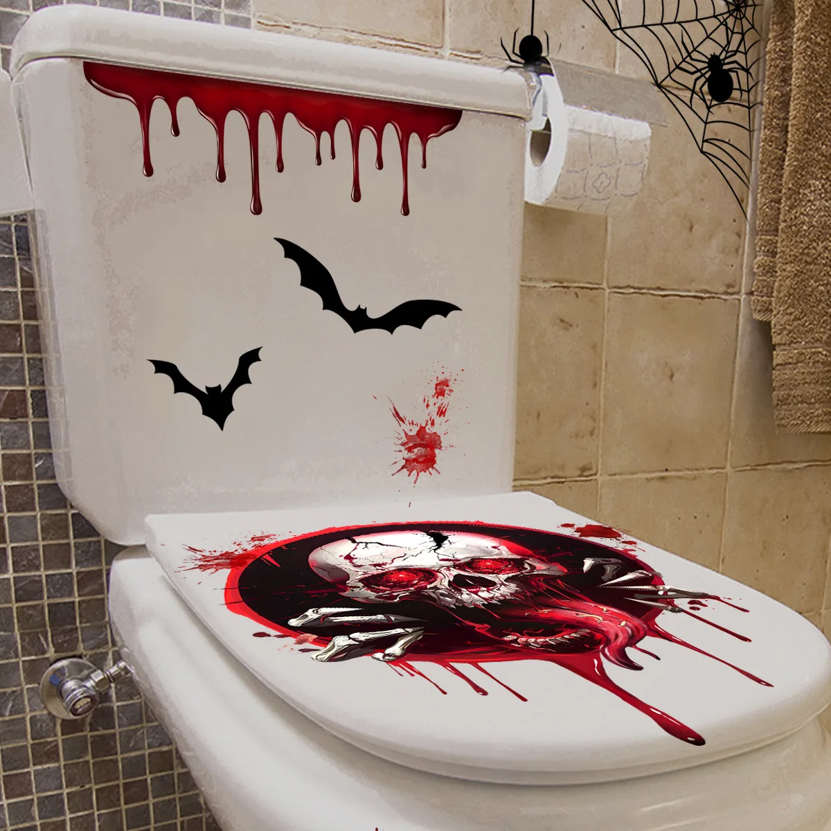 Horror Toilet Lid Decals Halloween Ghost Skull Blood Bat Decorative Wall Stickers Creepy Bloody Self Adhesive Bathroom Decor