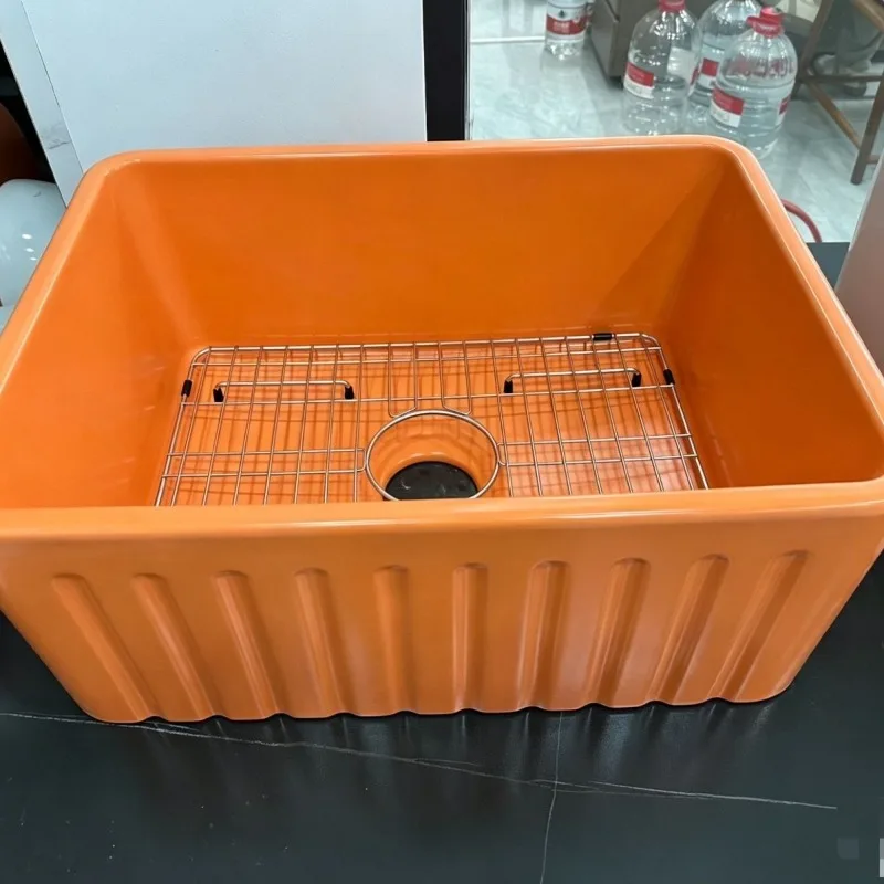 Brand new ceramic sink, orange drain rack, smooth glazed single slot, designed kitchen, balcony, bathroom can be used