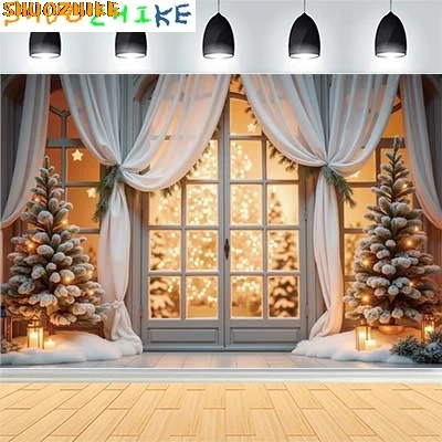 

Christmas Day New Year Party Photography Backdrops Prop Window Living Room Interior Xmas Tree Snow Theme Photo Background FN-01