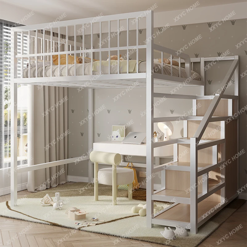 HHSimple Wrought Iron Elevated Space Saving Single Bed Attic Children Empty Small Apartment Bed