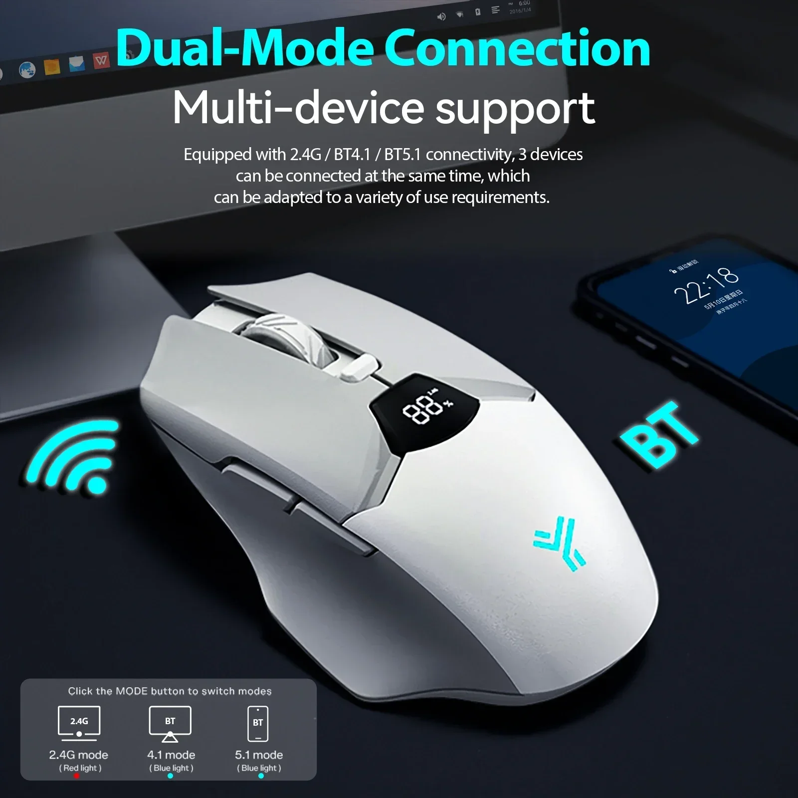 Wireless Bluetooth Mouse with Digital Battery Display, Silent Ergonomic Mouse for PC Laptop Gaming, 2.4G/Bluetooth 5.0