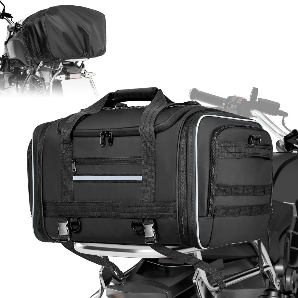 

Waterproof Expandable Motorcycle Tail Bag 48L to 64L with Rain Cover Rack Straps and Pockets