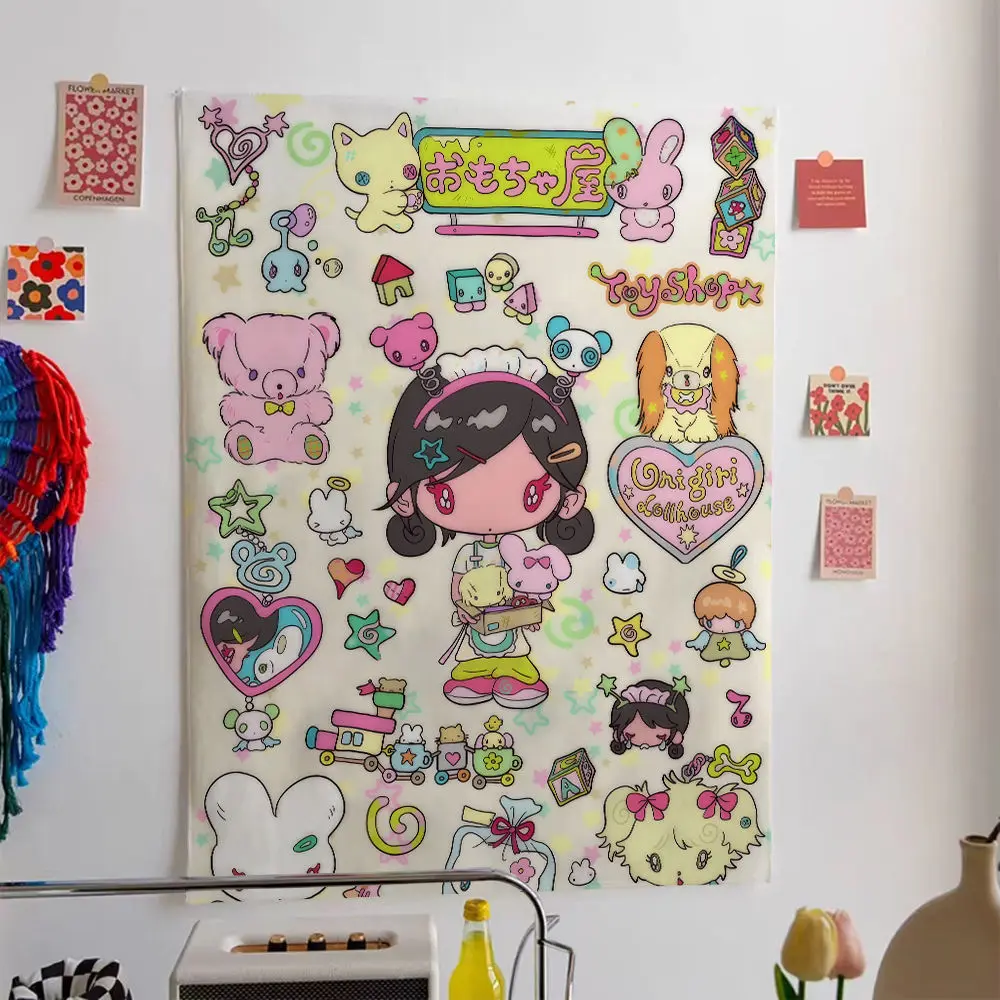 Y2K Cute Cartoon Pattern Tapestry 1pc Niche Splicing Elements Hanging Cloth for Bedroom Wall Decor Back