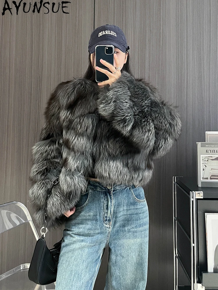 AYUNSUE Winter Whole Skin Fox Fur Jacket Woman 100% Natural Fox Fur Jackets Woman Clothes Short Luxury Outerwears Abrigo Mujer