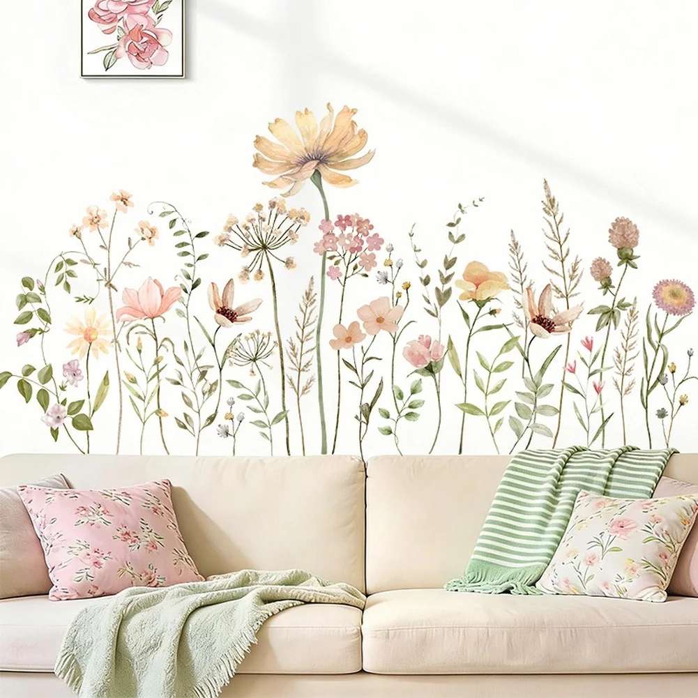 Self Bohemian Floral Wall Stickers PVC Decor for Girls Room Nursery Bedroom Kitchen Office 90x30cm Beige Set of 2