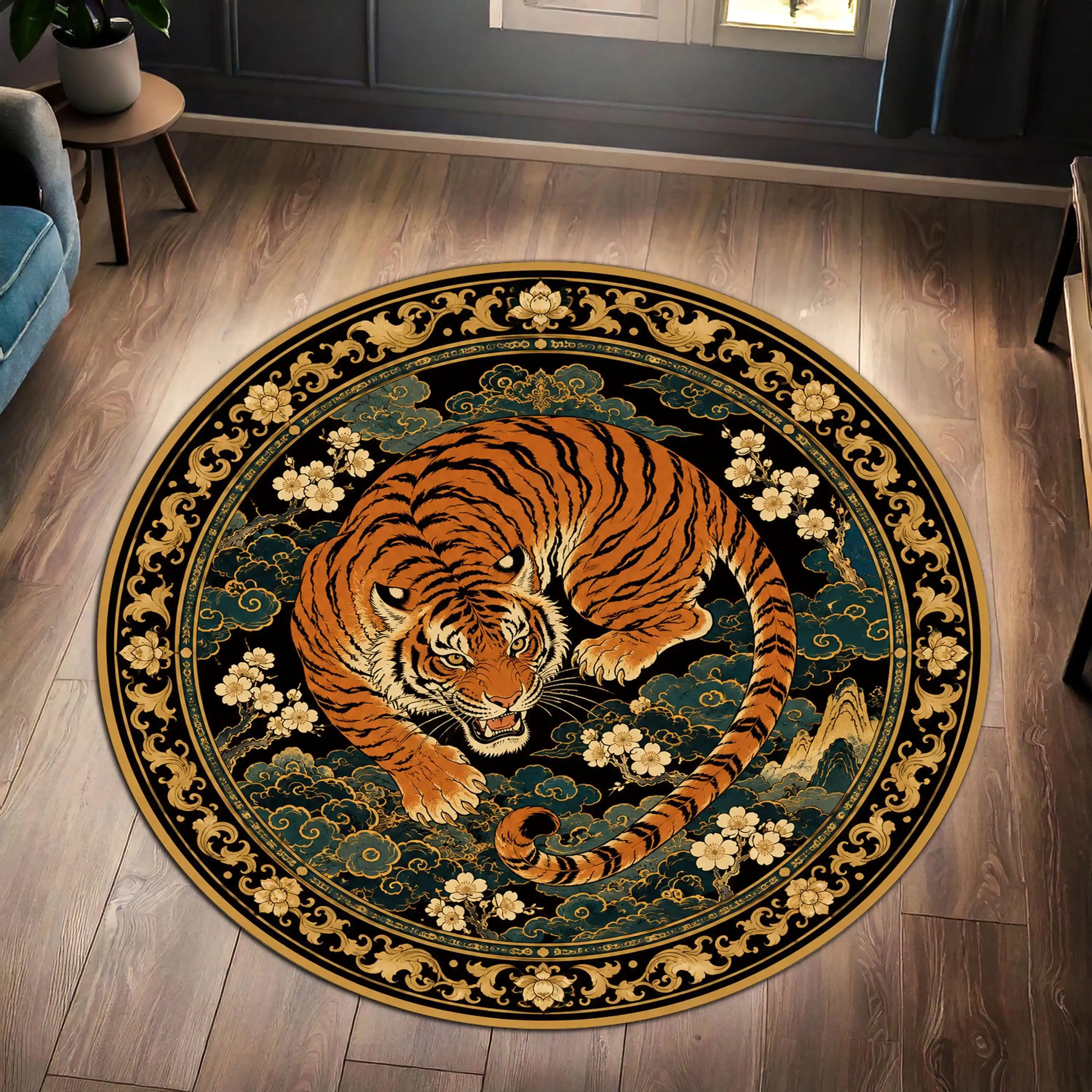 Leopard Round Area Rug Vintage Cheetah Animal Print Circle Carpet Washable Non Slip Wild Panther Living Room Decor