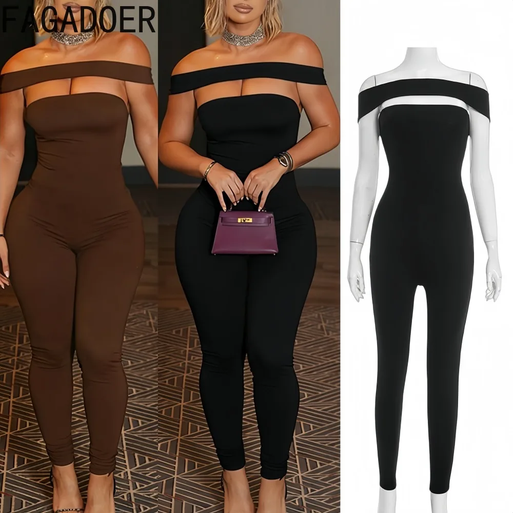 

FAGADOER Sexy Hollow-out Bodycon Jumpsuits Woman Solid Color Off Showlder Backless Rompers Female Streetwear Overalls 2025 New