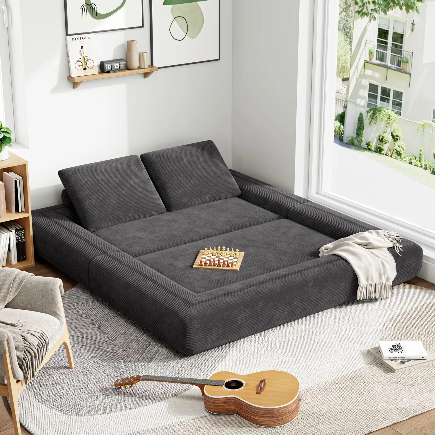 FlipNest Convertible Sleeper Sofa Bed Floor Sofa 3-in-1 No Assembly, Foldable Mattress with Corduroy Upholstery Dark