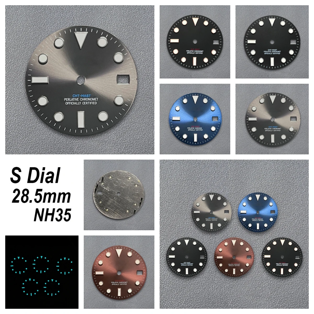 

High Quality 28.5mm S Logo NH35 Dial Sunray YT-M Dial Suitable For NH35/NH36/4R/7S Movement Ice Blue Luminous NH35 Accessories