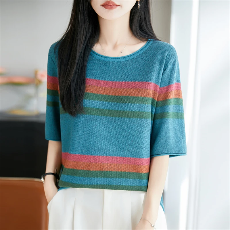 Summer New Women's Short Sleeve Casual O-neck Knitted T-shirt Women's Color blocked Pullover Short Sleeve Fashion Hot Sale