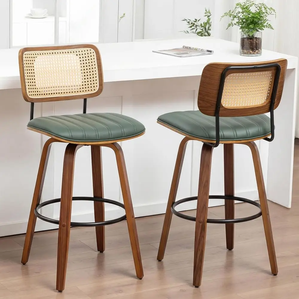 

Set o 2 Swivel Bar Height Stools, 30.3 Inch Rattan Cane Back, aux Leather Upholstered Seat, Solid Wood e with Walnut inish, Meta