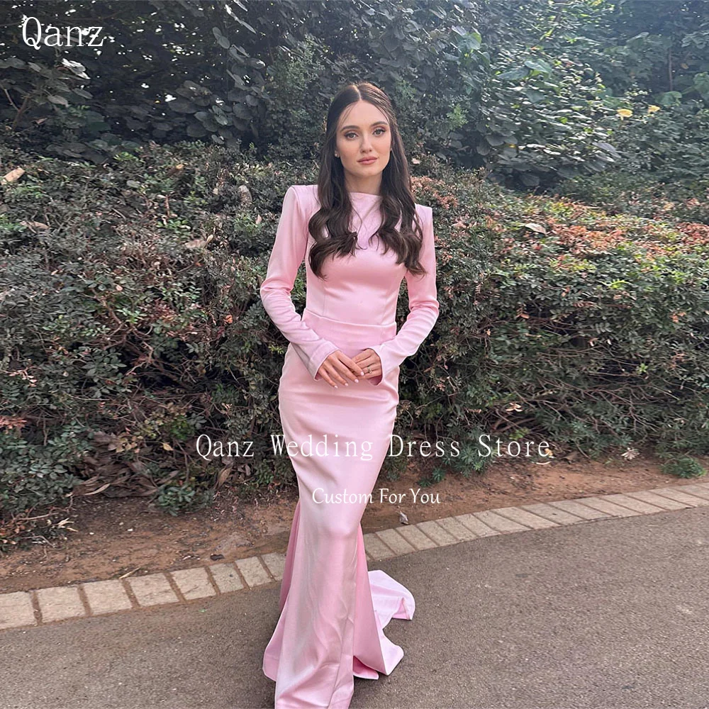 Qanz Elegant Wedding Party Dresses for Women Long Sleeves Satin Evening Dresses Mermaid Buttons Formal Dress 2025 Customized