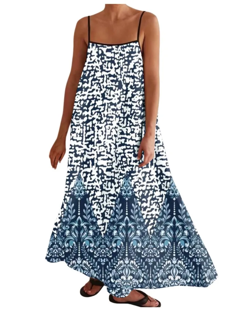 Mode Boho Print Kleid frauen Sommer Lose Beiläufige Spaghetti Strap Elegante Strand Party Lange Kleider Für Frauen Robe Femme