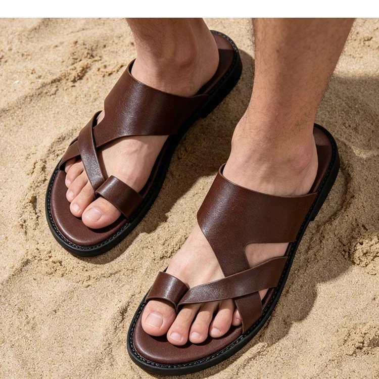 Trendige Herren-Sandalen mit Kreuzriemen, glatt, rutschfest, strapazierfähig, für Sommer, Outdoor, Business, Casual, Slip-On-Hausschuhe-HX25333 – Detail 5