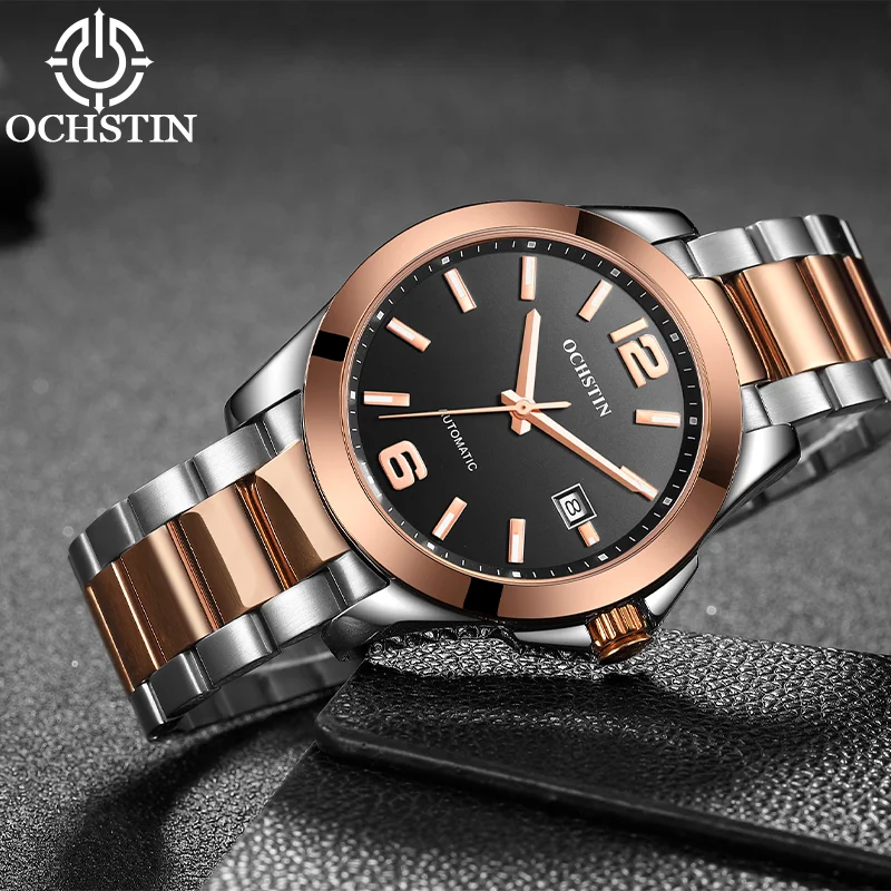 OCHSTIN Men Automatic Mechanical Watch Man Solid Stainless Steel Strap Waterproof Business Wristwatch With Butterfly Clasp