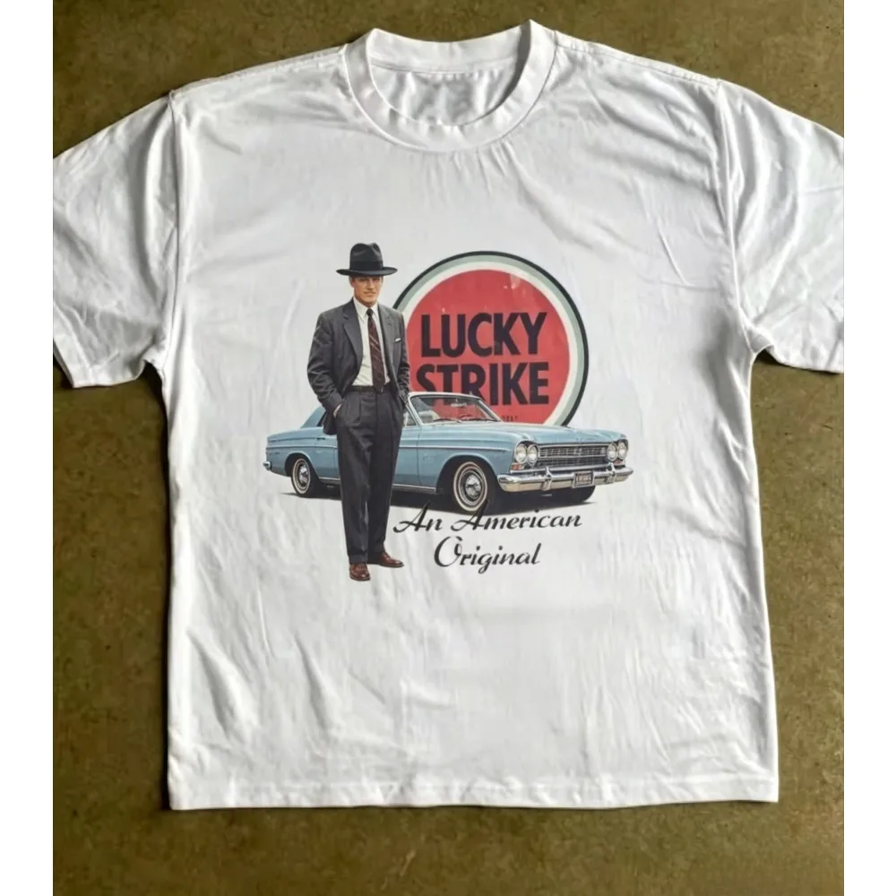 Camiseta de Verano 2026 con Estampado de Auto Vintage Lucky Strike, Cuello Redondo, Algodón Puro, Manga Corta, Unisex