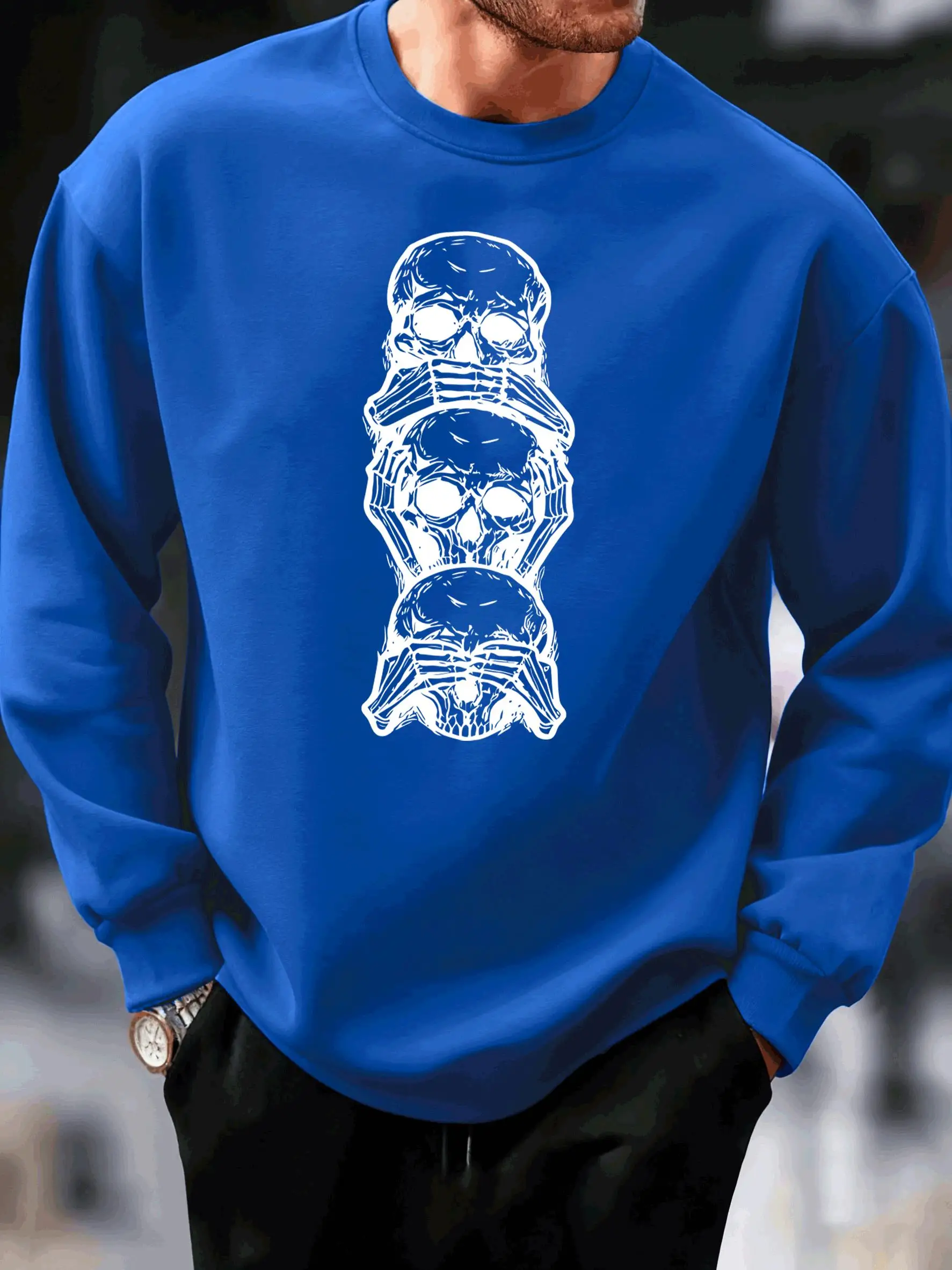Stacked Skulls Hand Over Mouth Printing Men'S Sweatshirt Street Crewneck Clothes Fleece Autumn Pullovers Loose Casual Streetwear