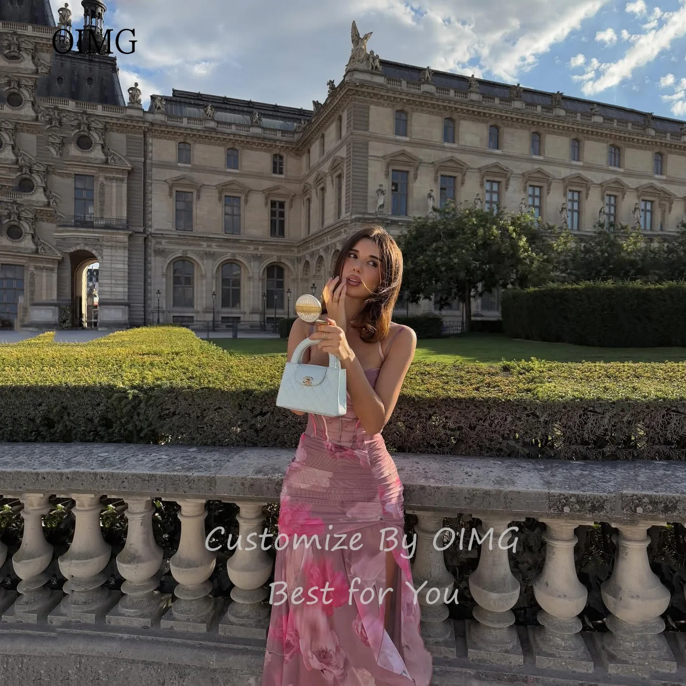 Sukienki balowe OIMG z nadrukiem, na ramiączkach spaghetti, w kształcie litery A, z dekoltem w serduszko, sukienki na przyjęcie, z rozcięciem z boku, długie do podłogi, sukienki wieczorowe szyte na miarę.